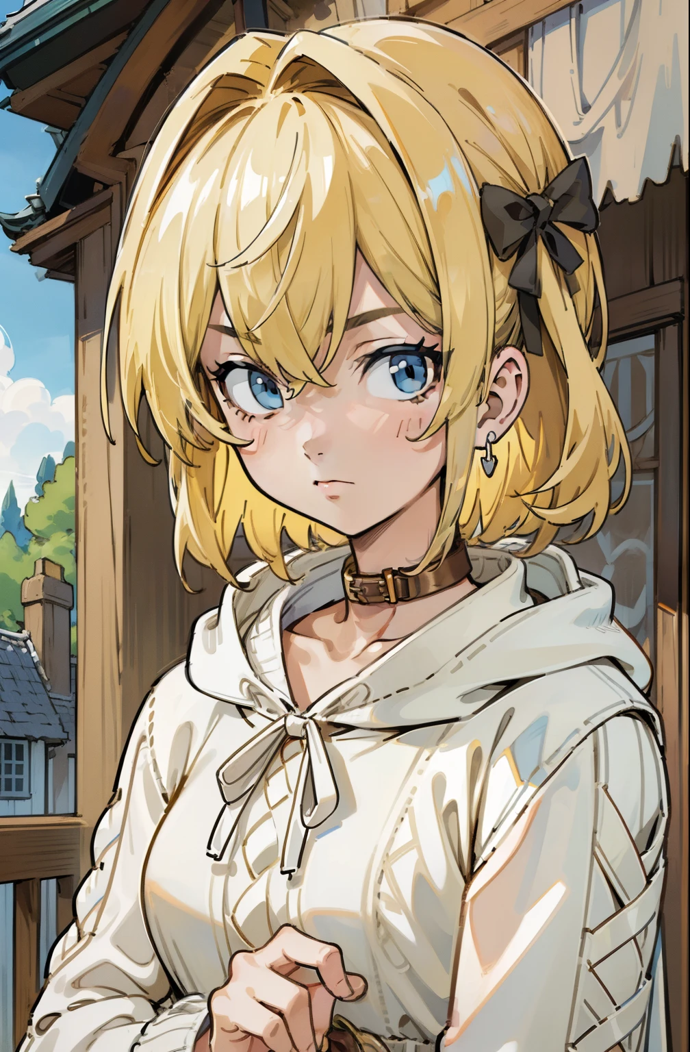 (masterpiece, best quality, ultra-detailed, illustration), beautiful face, blonde hair, perfect body, 1girl in, solo, hoodies in sweater, hair ribbon, camisoles and dress, straps, village, old houses, outdoors, folk, legends, collar, handcuffs