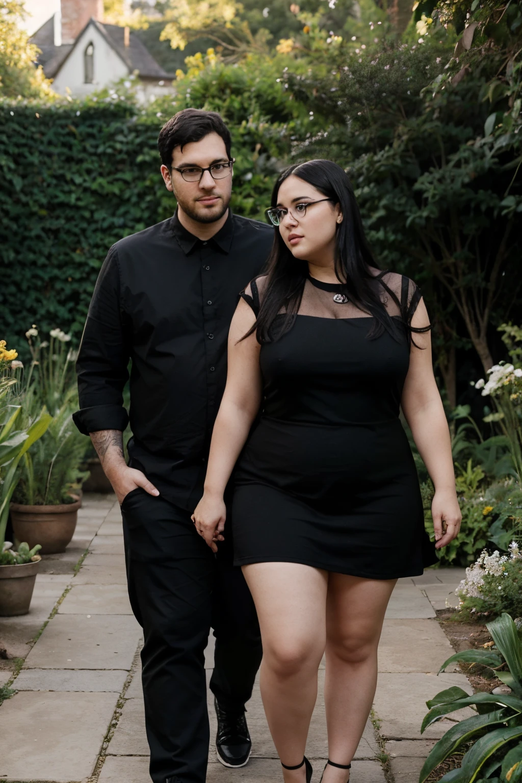 A photo of a 1 chubby woman that wears black dress and holding hands with a tall guy with black hair and eyeglasses that wears all black. In a garden