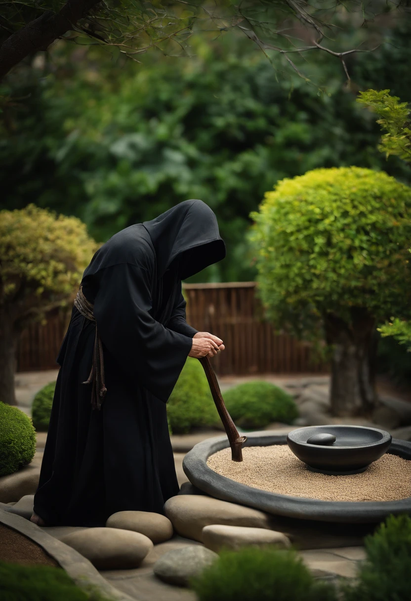 A photo of the grim reaper arranging a serene and tranquil Zen garden,original,grim reaper, male