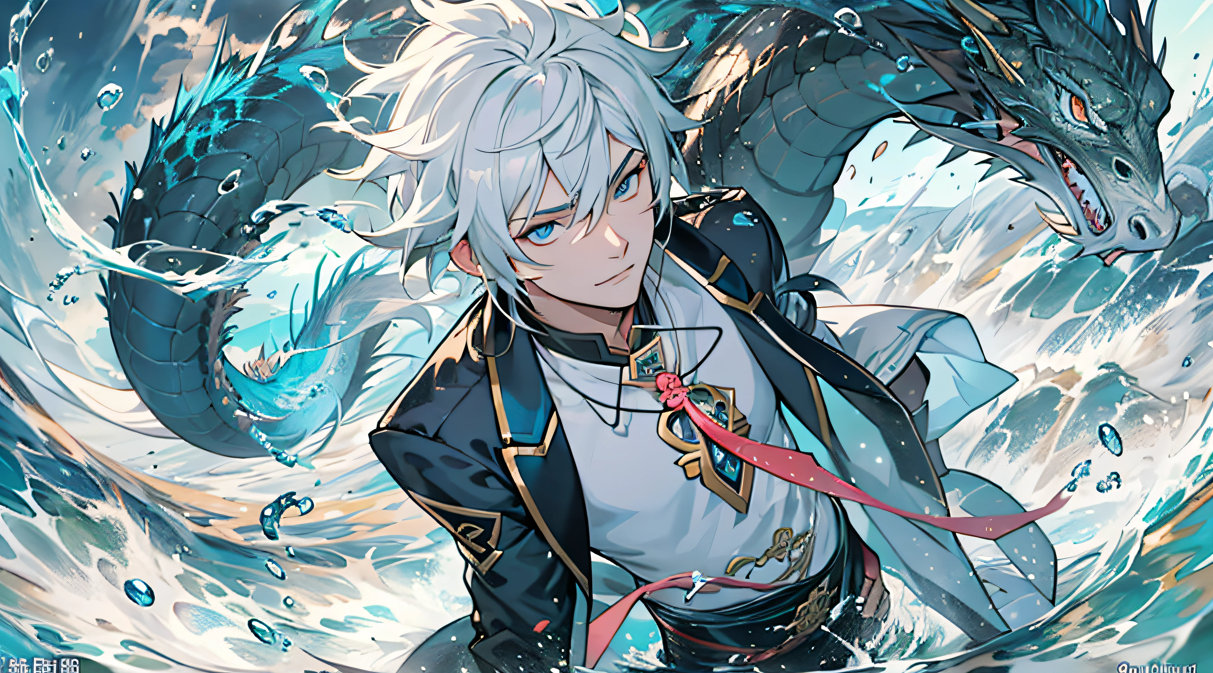 Alone, Handsome men, 1人, 1:4 masterpiece, Anime character with long white hair and blue eyes runs in Ocean City, 《the original god》Keqing in, Handsome guy in the art of slaying demons, 《the original god》Zhongli in Zhongli, white-haired god, Tall anime character with blue eyes, Genshin impact's character, onmyoji portrait, casimir art, Beautiful hermaphroditic prince, heise jinyao,Black and blue shirt, Black suit,White coat, sportrait, Little blue seahorse around people, focus viewer, Eau, sportrait, Unleash the power of water, laughingly, Play with water dragons, Do not tie your hair, cruel face