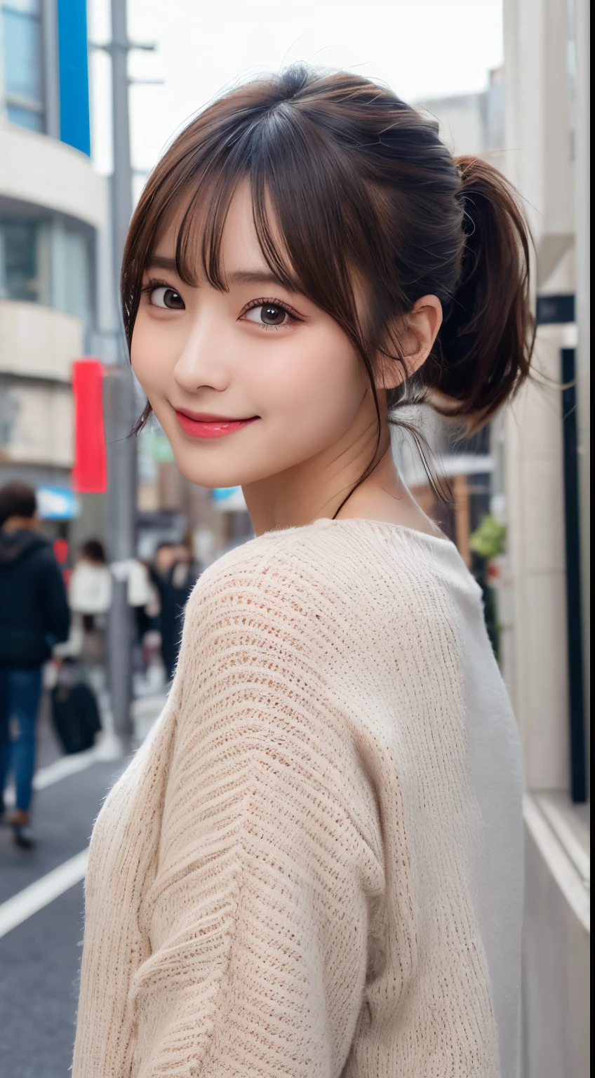 masutepiece, Best Quality, Illustration, Ultra-detailed, finely detail, hight resolution, 8K Wallpaper, Perfect dynamic composition, Beautiful detailed eyes, womens fashion long sleeve winter clothes,Ponytail hair,Small breasts natural color lip, Bold sexy poses,Smile,Harajuku、20 years girl、Cute、Sexy shot looking at camera