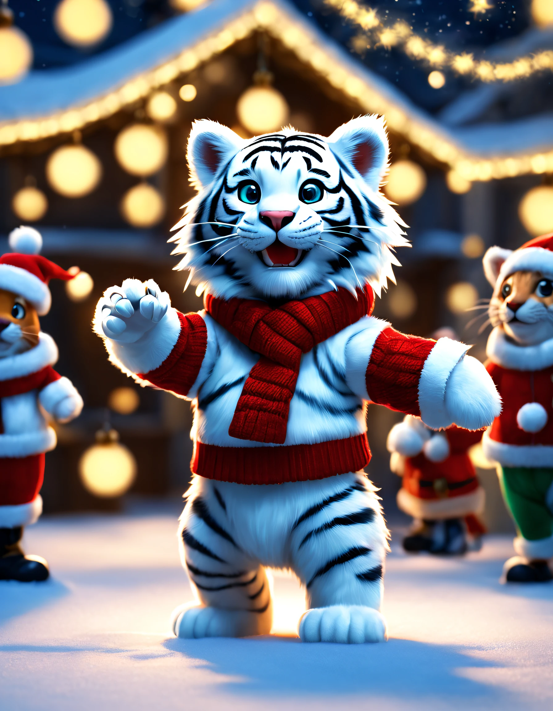 character  design，（Little white tiger dances at fashion week）, Wearing Christmas winter clothes，Laughing emoticon pack， Background with:christmas
{{tmasterpiece}}, {{{Best quality at best}}}, {{ultra - detailed}}, photography,pixar-style,cartoonish style,comic strip,tmasterpiece,lamplight,illusory engine,Rendered by Octane,Corona introduction,V-rays,tiltshift,,shot from far away,a 3D render,