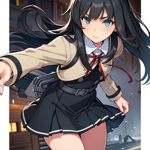 girl, trench coat, black pinafore dress, red ribbon, black hair, straight hair, half long hair, blue eyes, best eyes, best face, anime nose, anime mouth, closed anime mouths, (masterpiece, best quality:1.4), (ultra-detailed:1.2), illustration, picturesque,