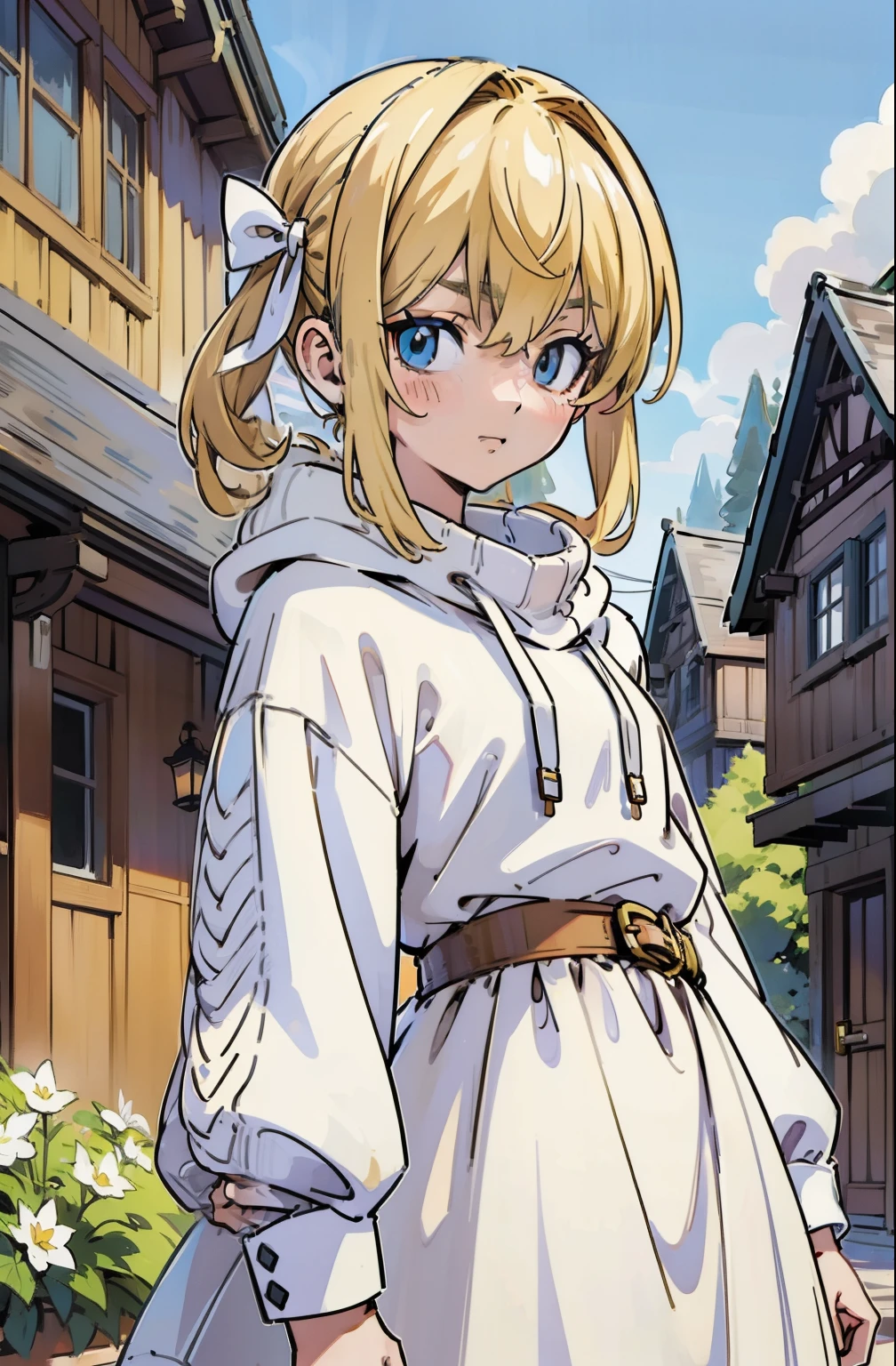 (masterpiece, best quality, ultra-detailed, illustration), beautiful face, blonde hair, perfect body, 1girl in, solo, hoodies in sweater, hair ribbon, camisoles and dress, straps, village, old houses, outdoors, folk, legends, handcuffs