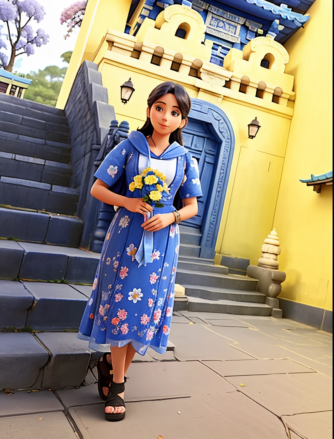 arafed woman in a blue dress standing on a set of stairs, in front of a temple, old picture, photo taken in 2 0 2 0, in a temple, around 1 9 years old, very very low quality picture, photo of the girl, in front of the temple, with flowers, temple in the background, aged 13