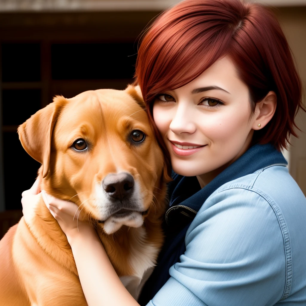 Lady with short red hair hugging a caramel dog