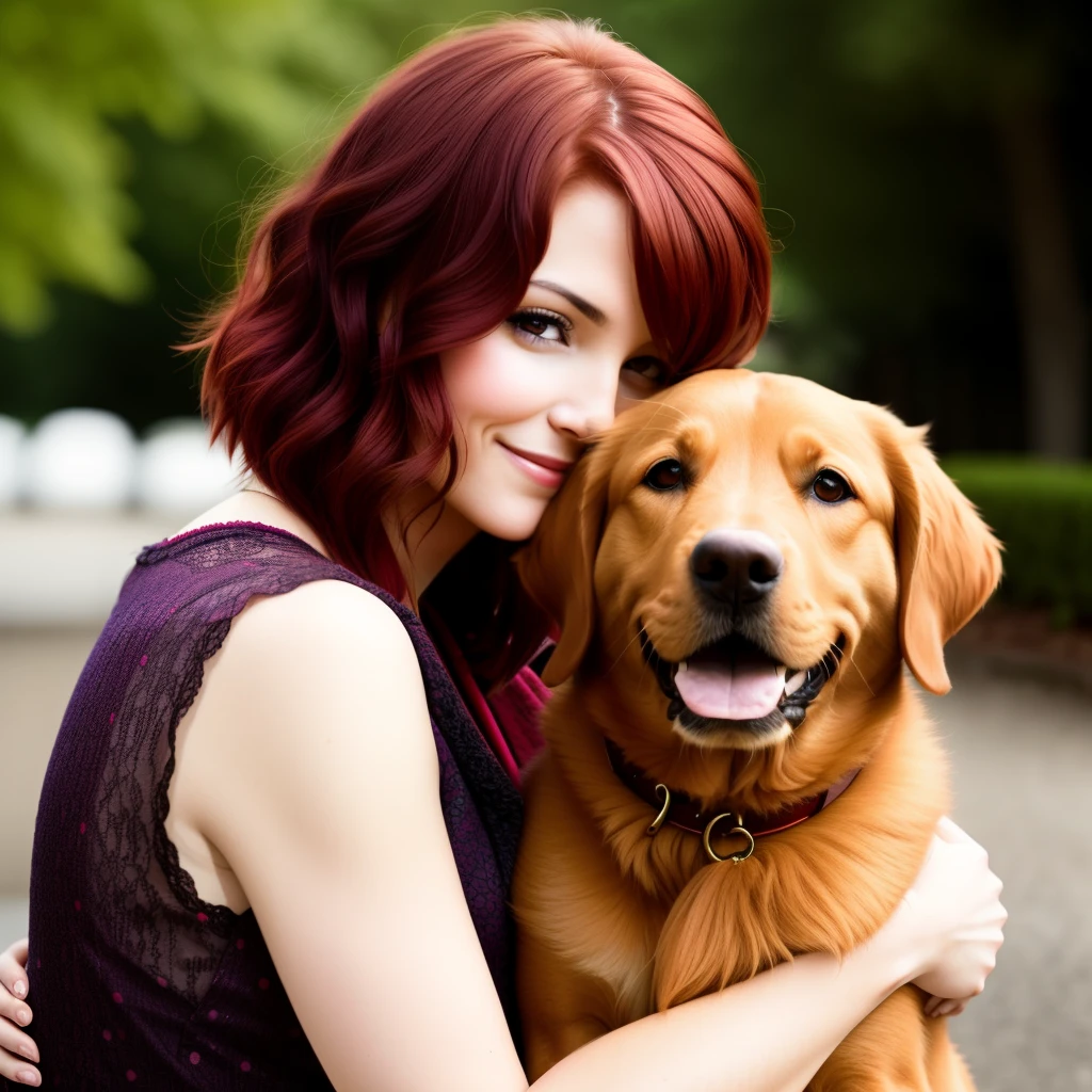 Lady with short red hair hugging a caramel dog