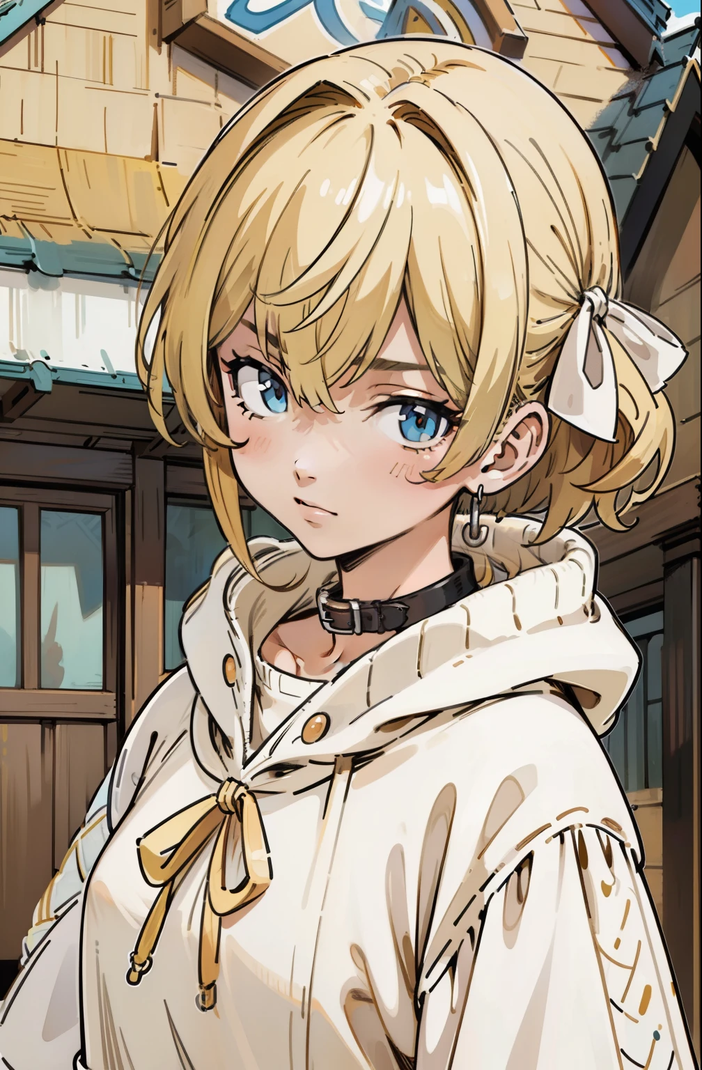(masterpiece, best quality, ultra-detailed, illustration), beautiful face, blonde hair, perfect body, 1girl in, solo, hoodies in sweater, hair ribbon, camisoles and dress, straps, village, old houses, outdoors, folk, legends, collar, handcuffs