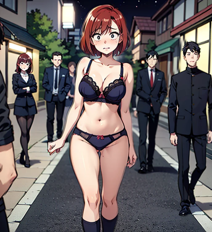 Sexy 25 year old woman, short red hair, bra and panties, only wearing underwear, plain solid color underwear, below the knee socks, shoes, outside, walking, busy city street, nighttime, embarrassed, shy, locked outside, dare, trying to cover up