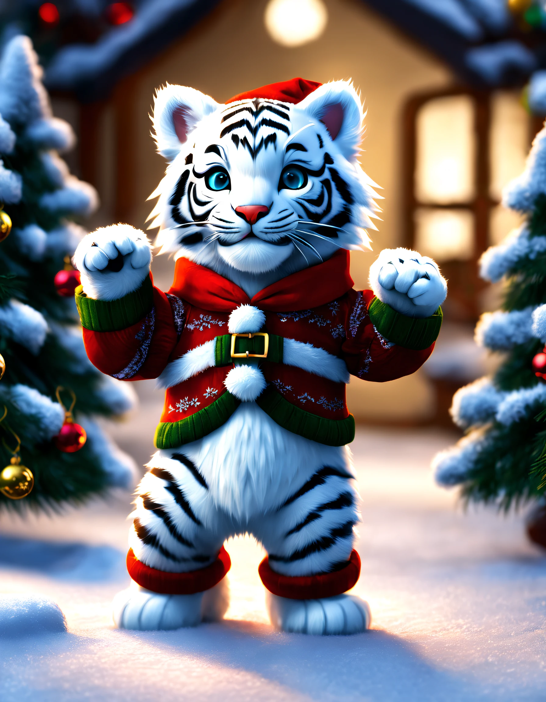 character  design，（Little white tiger dancing on christmas）, Wearing Christmas winter clothes，having fun， Background with:christmas ，
{{tmasterpiece}}, {{{Best quality}}}, {{ultra - detailed}}, photography of,pixar-style,cartoonish style,comic strip,tmasterpiece,a 3D render,