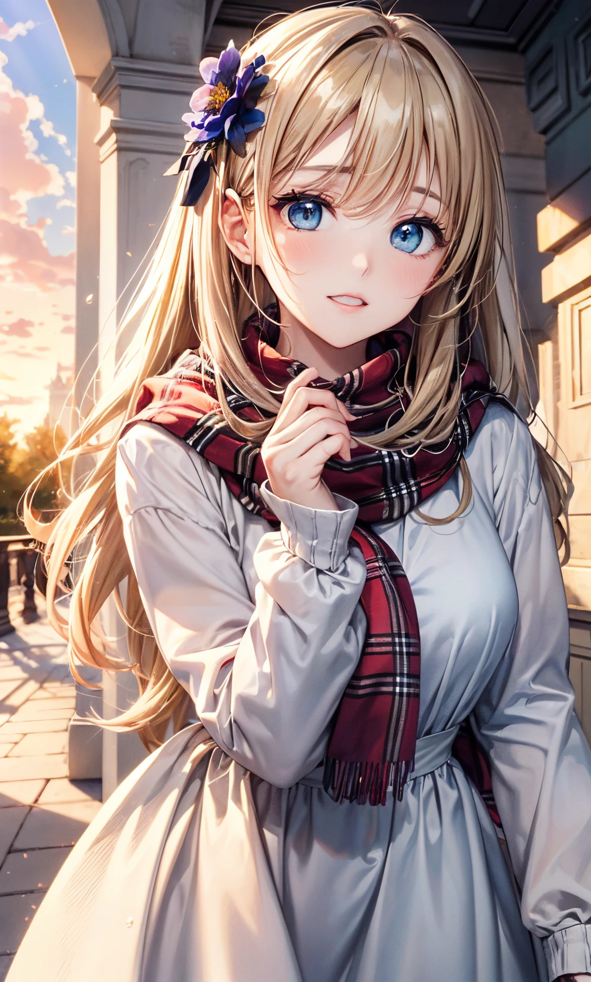 (masterpiece),(top-quality:1.2),1girl in,(masuter piece:1.3),exquisitedetails, Highest quality 8K resolution, Ultra-detailed, Realistic, Vibrant colors, Soft tones, With warm and gentle lighting,(Beautiful plaid scarf:1.3),(Preet Pink Ruffled Ribbon Dress,) (Brown long coat:1.2) early evening,Big sunset,(Smooth straight blonde hair:1.2),(Hair parted in the middle:1.3),(Glowing hair),(Dark blue eyes:1.3),White skin, hair clips,Overflowing soft and gentle feelings,(The promenade is full of flowers),The sun's rays illuminate joy and pure love, Warm golden glow,The atmosphere is full of happiness and laughter, As if celebrating love,Sticking to ultra-detailed depictions and vivid colors. In a style that blends romanticism and realism、You can feel the depth of love,color palettes,Create an ethereal atmosphere like a dream,and the lighting is soft and diffused, Shine a gentle light on your face,The artwork is a masterpiece,