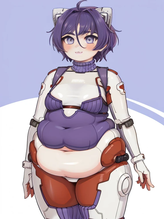 (1girl), (masterpiece:1.2), ((best quality)), (absurdres), obese girl, highres, Neko, (Nekojets:1), catgirl, purple hair, 4k, beautiful image, obese belly, obese arms, thick thighs, big cheeks, chunky neck,(best eyes, high contrast image, beautiful detailed eyes, detailed light, solo, ((short hair)), ((small breasts)),bright light, mecha mastume, mecha, plugsuit, retrowave vibes, cute, :3 face