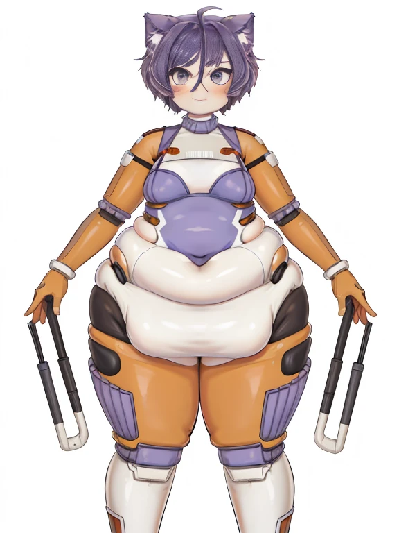 (1girl), (masterpiece:1.2), ((best quality)), (absurdres), obese girl, highres, Neko, (Nekojets:1), catgirl, purple hair, 4k, beautiful image, obese belly, obese arms, thick thighs, big cheeks, chunky neck,(best eyes, high contrast image, beautiful detailed eyes, detailed light, solo, ((short hair)), ((small breasts)),bright light, mecha mastume, mecha, plugsuit, retrowave vibes, cute, :3 face