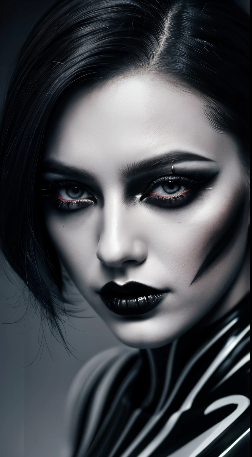 a digital painting of a woman with black and white makeup, cyberpunk art by Anna Dittmann, cgsociety, gothic art, dystopian art, detailed painting, behance hd, deep photography, Ilford HP5 film, crushed blacks, depth of field, dark photo, film grain, shadows, natural light