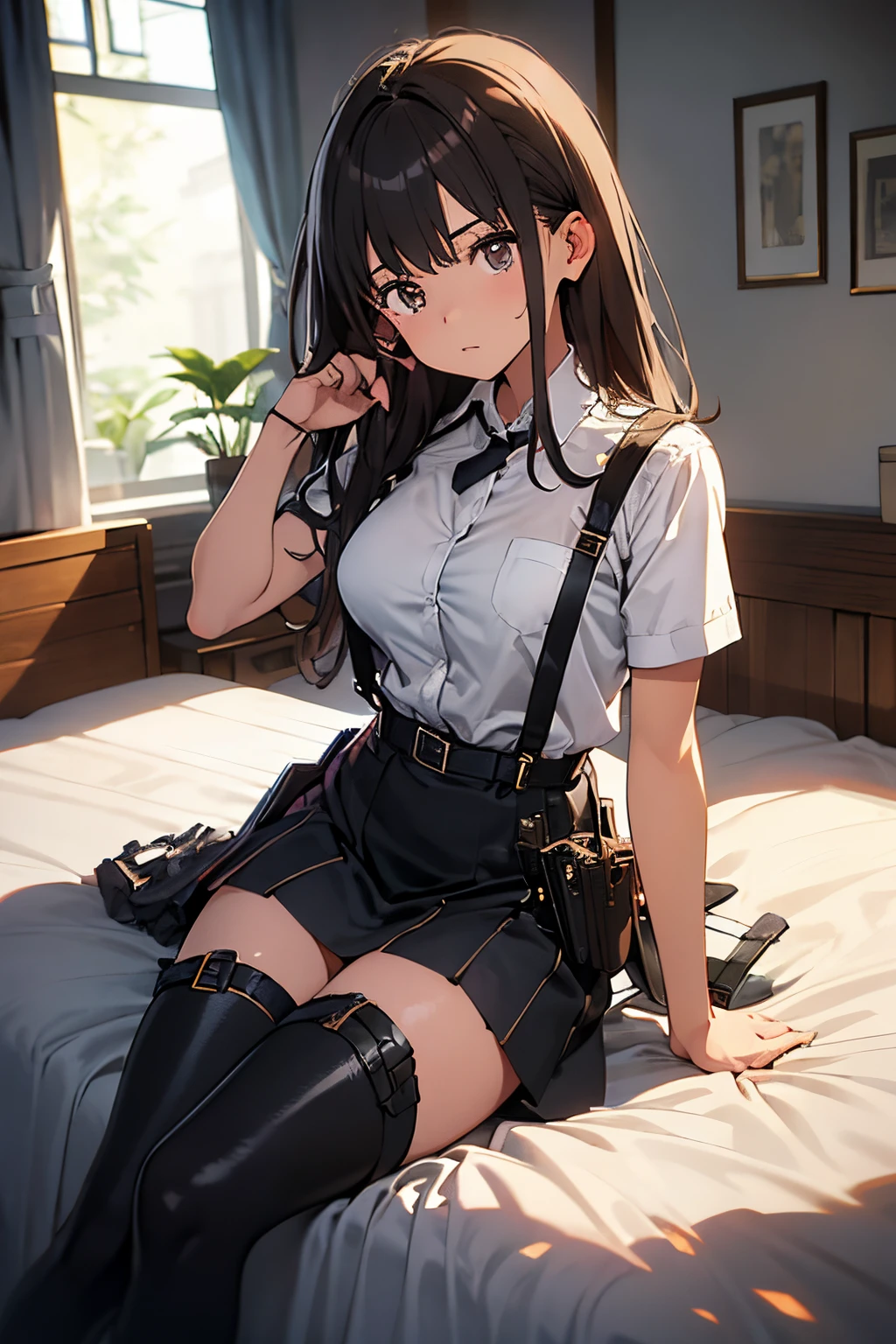 ​masterpiece、flat-colors、depth of fields、lens flare 1 girl、、Brown hair、watching at viewers　　　black suspenders　　　Bulging big breasts　　 　 　　　walls: 　Black miniskirt　garters　　　　　　Gaze　　　Small face　bangss 　　　holster　　Belt Armament　Beautuful Women　srestrained　hands up　Lying in bed　Leg holster lying on the bed　　Gaze 　Black boots