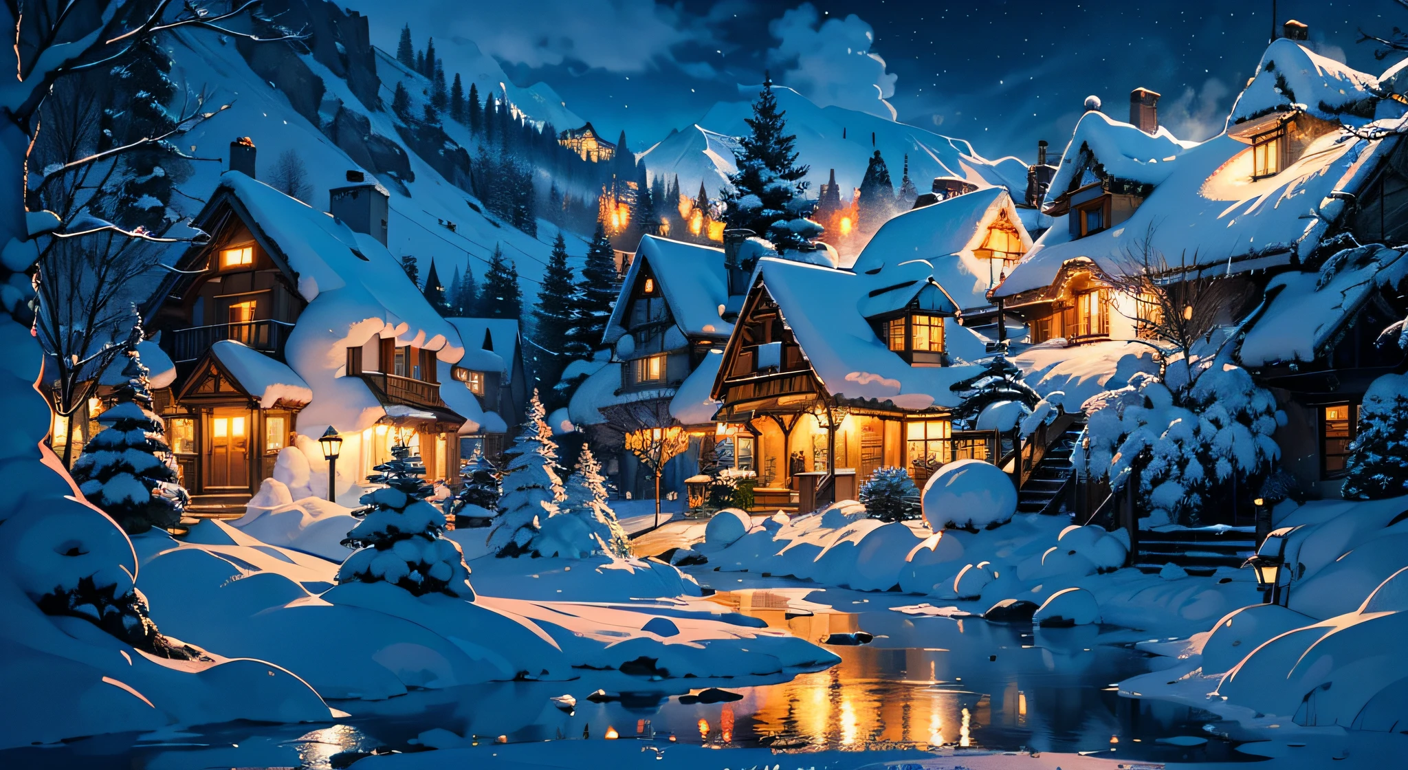 (La mejor calidad, Altas Resoluciones, HDR), snowy mountain village, casa estilo fantasia, Luces brillantes, paisaje nevado detallado, Ambiente acogedor, colores vibrantes, Winter Wonderland, magical scene a town with a house with beautiful lights and smoke coming out of the chimneys