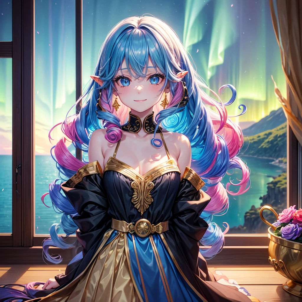 Highly condensed 1girl, (Iridescent hair, Colorful hair, Half blue and half pink hair: 1.2), 17 years old, Blue_skyporn, holding a magic wand, Summer (season), flower petals_SUI_Liquid, Hooded black cloak, Red and black ripped dress, Skirt: 1.2, (gold long curly hair: 1.5), skyporn, plein air, Clouds, Bangs, Smile, sky-blue eyes, Bare shoulders, earrings, Sea + Background, up looking_で_viewer, Cowboy Shot, of the highest quality, rich detail, Perfect image quality, Sunrise,Highest Quality, excellent details, 超A high resolution, (fidelity: 1.4), The best illustrations, favor details, with a delicate and beautiful face, Delicate collarbones, High Quality Fishtail Skirt, Shyness, Fantastic background, , Warm light gradient, Background with((natta、mysterious bedroom、Outside the window is the fantasy of the night and the aurora sky)))