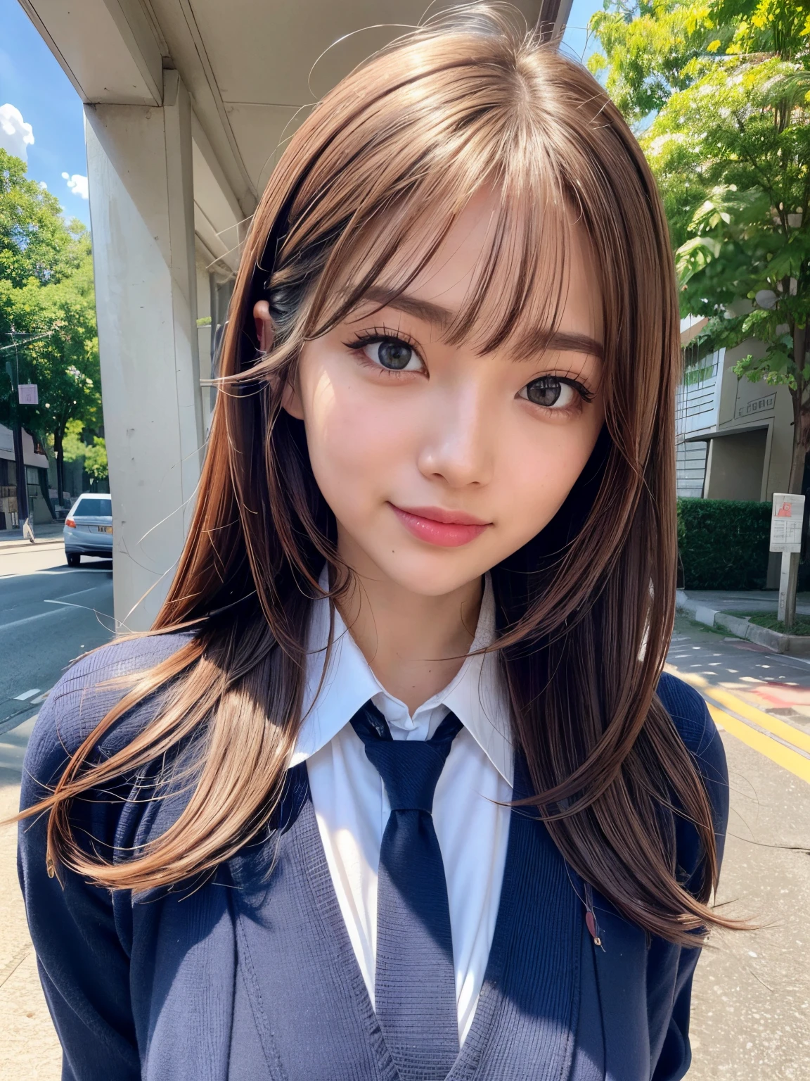 8K,Best Quality, masutepiece, ultra-detailliert, 超A high resolution, Photorealistic, Raw photo, absurderes, absolutely resolution, 1girl in, upperbody shot, Looking at Viewer,a Japanese young pretty woman, hyper cute face, Glamorous figure, Large breasts,Long bob hair,Smile,(School uniform:1.3),Beautiful eyes,(Windy:1.3), Walking down a crowded road with a smile,Glossy lips, Double eyelids in both eyes, Natural makeup, long eyelashes, Glossy smooth light brown long bob hair, asymmetrical bangs, Shiny skin, central image, High resolution, high detailing, detailed hairstyle, Detailed face, spectacular movie lighting, Octane Rendering, Vibrant, Hyper realistic, Perfect limbs, Perfect Anatomy