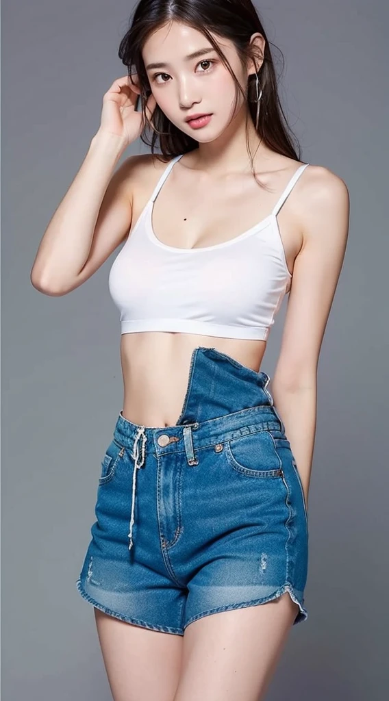 （realistically， A high resolution：1.3）， 1 girl with perfect figure，Upper body straps in random colors，Wear shorts on the bottom