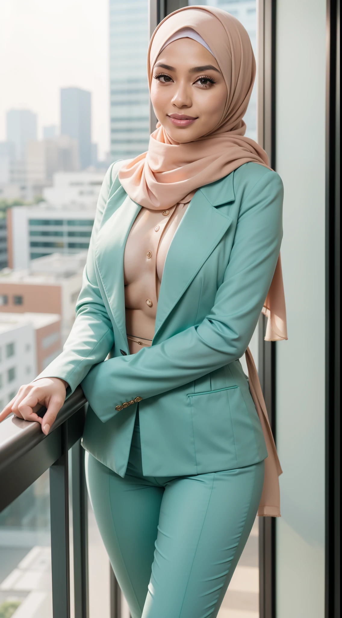 RAW, Best quality, high resolution, masterpiece: 1.3), beautiful Malay woman in hijab (iu:0.8), office balcony, morning, wearing hijab, pastel color hijab, random pastel office outfit, green suits, sunrise, morning, big breast, flat chest, wide waist, thick thighs, bright lighting, high quality, ultra detail, 8k, professional photography, bokeh, blur background,