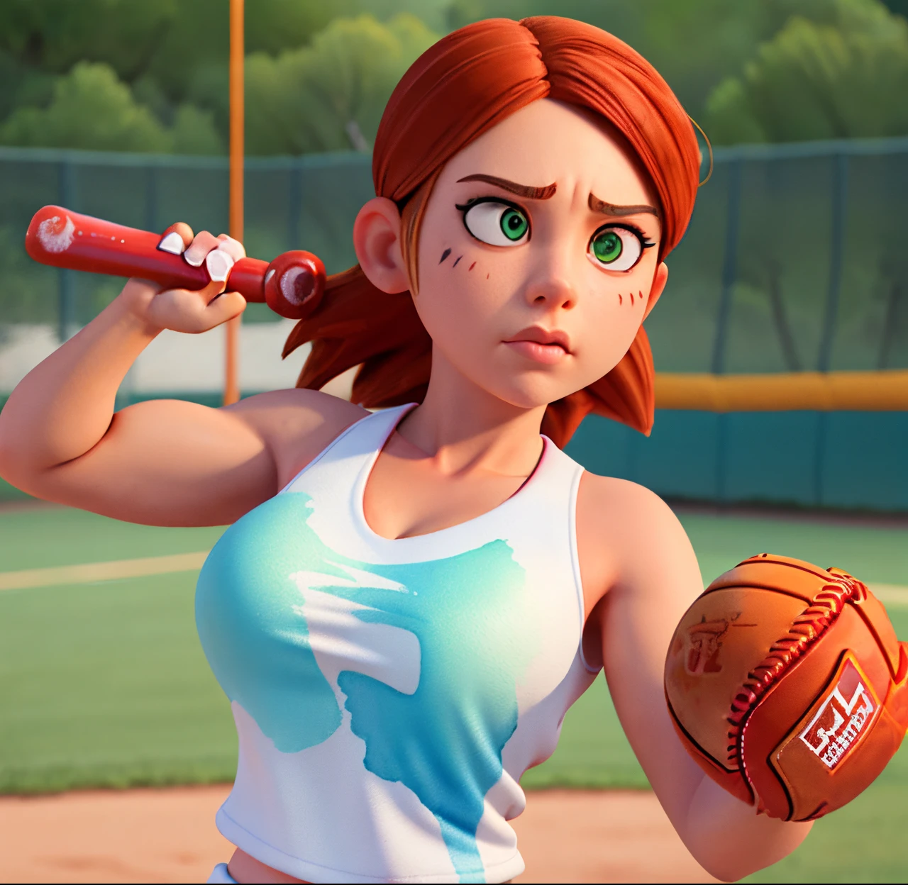 Masterpiece, (watercolor:1.3), (short stack:1.1), forward facing, eyes on camera, serious expression, (action shot:1.4) , (upper body strength:1.3), contrapposto (tattoo:1), softball pitcher, auburn hair, green eyes, (string bikini:1), pitching a softball at viewer, (focus on softball in foreground:1.4), sunny, natural lighting, High definition, excellent resolution, excellent quality, insane detail, semi realistic, postprocessed, crisp face, facial features, extremely detailed, facial features