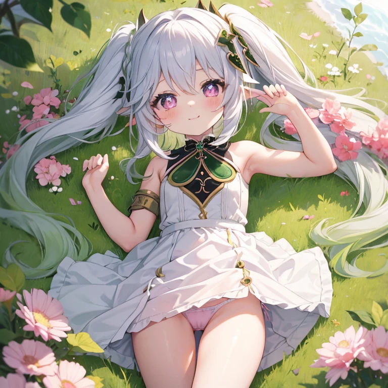 Best Quality, top-quality、(cute it girl:1.3), flat chest,Beautiful pink eyes、Lori、(Cuteness beyond limits),(White underwear),lovely thighs、A smile、poneyTail、Erotic Poses、showing panties、skirt lift、showing panties