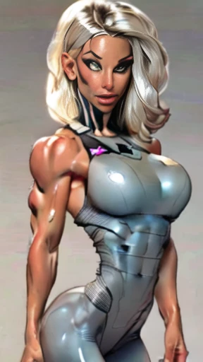 Drawing of platinum blonde katopunk female fitness model, toned body, feminine, huge upper body, torso shot, wide shoulders, veins, beautiful face, detailed eyes, perfect eyes, makeup, full lips, slim face, high cheekbones,(best quality, highres, ultra-detailed, realistic), muscular arms, defined abs, confident expression, ((light silver gray gymsuit)), lovely gaze, light colors, dynamic lighting, artwork, blank background