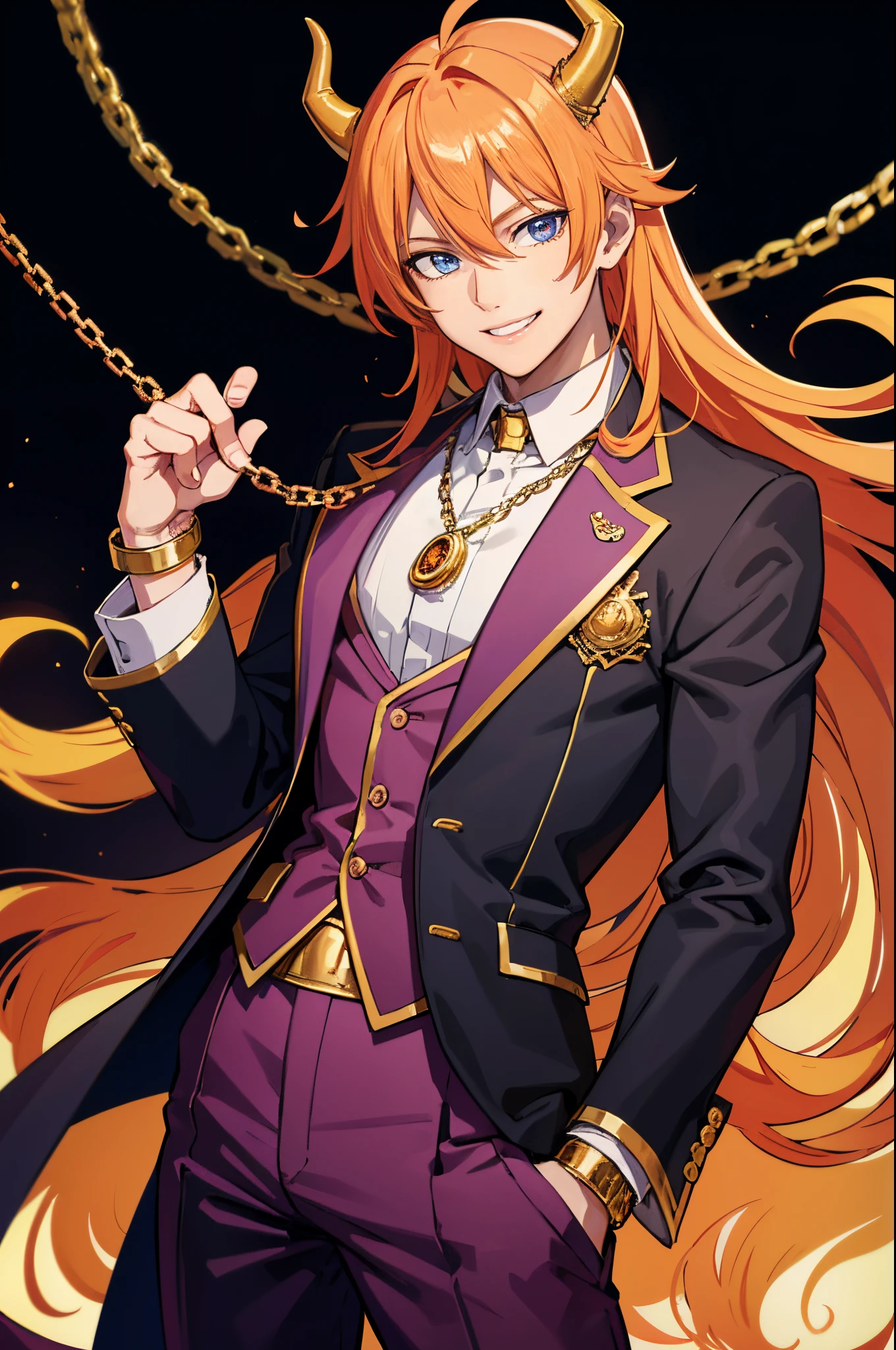 Safe for work, masterpiece, best quality, solo, 1 boy, adult male figure, orange hair, long bright orange hair, long hair, fluffy hair, white background, gold demon horns, fairy tail anime style, rich boy vibes, hot pink pants, pants with chains, pink suit pants, gold details, dark purple compression top, tight purple top, jewelry, bracelets, cocky smile, demon, male figure, adult man, fantasy clothes, gold demon horns, confidence pose, purple tucked in shirt, fancy suit, gold details, chain necklace, purple suit vest