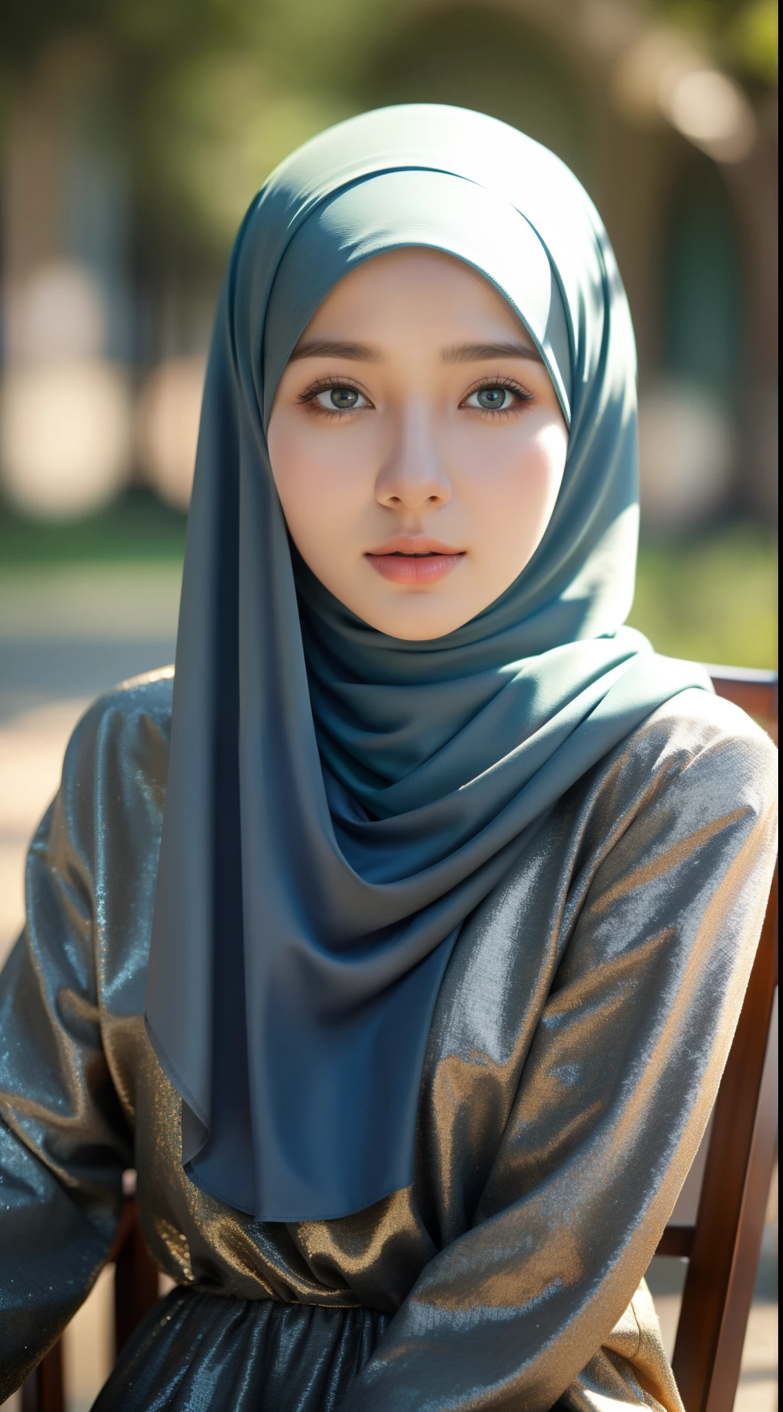 1girl, solo, beautiful face, high detailed realistic eyes, double eyelids, high detailed realistic pupils, (upon body from head to waist:1.36), (wearing hijab:1.37), (moslem headscarf:1.37), reading glasses, sitting alone on a long chair, amazing mosque park background, taj mahal, best quality, masterpiece, highres, black and white moslem female dress, Beautiful face, (upon body from head to waist:1.35), tyndall effect, photorealistic, dark studio, two tone lighting, 8k uhd, dslr, soft lighting, high quality, volumetric lighting, candid, Photograph, high resolution, 4k, 8k, Bokeh, (hyperrealistic girl), (illustration), (high resolution), (extremely detailed), (best illustration), (beautiful detailed eyes), (best quality), (ultra-detailed), (masterpiece), (wallpaper), (photorealistic), (natural light), (rim lighting), (detailed face), (high detailed realistic skin face texture), (anatomically correct), (heterochromic eyes), (detailed eyes), (sparkling eyes), (dynamic pose), (hair completely covered by the hijab:1.35), looking to viewer