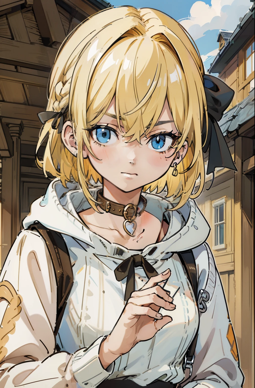 (masterpiece, best quality, ultra-detailed, illustration), beautiful face, blonde hair, perfect body, 1girl in, solo, hoodies in sweater, hair ribbon, camisoles and dress, straps, village, old houses, outdoors, folk, legends, collar, handcuffs, suspenders