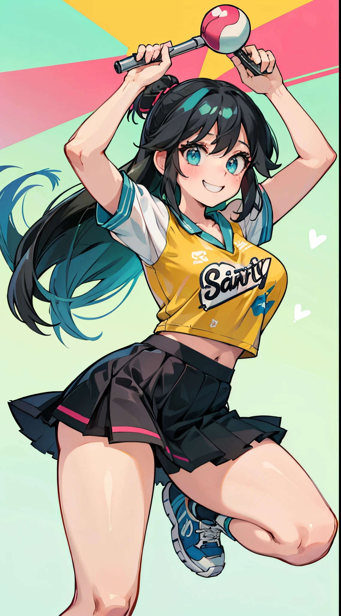 Large breasts，Lop，sporty attire，brassier，鎖骨，nabel，，a skirt，Smiling, sweetheart, chubbiness  :1.2)(Clean the skin)(Happy)][(clothes inspired by &cite;Minnie&cite;) , KIDS ILLUSTRATION , clean backdrop]