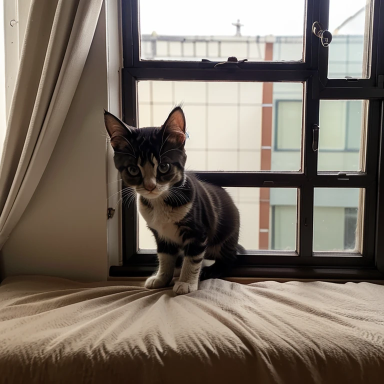 The cute kitten with black stripes and hazel eyes has lifted its head from the bed, gazing curiously out of the window.
