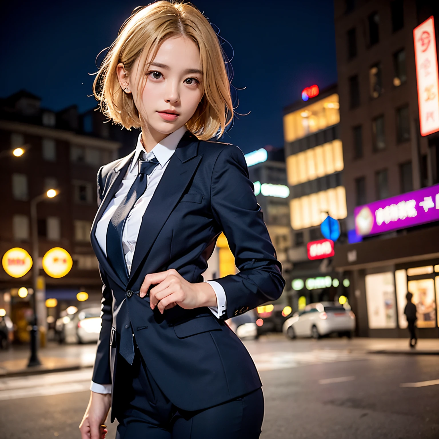 (masutepiece, Best Quality:1.2), 8K, Official art, Full body photo, full body Esbian、Emma fastening her tie.Back angle、turned around、cute butt、Suits、A dark-haired、14years、small tits、A delightful、A smile、unbelievable Ridiculous, (Upper body, Dark blue suit:Cute Tie 1.4), Beautiful Girl, Pretty Face, arching back down, cute butt、Gold hair ornament on hair、Wearing a cute suit、close up, Wearing a suit, Short sleeve, gardenia, violaceaess, Teen, Street, Looking at Viewer, Film grain, chromatic abberation, Sharp Focus, face lights, Dynamic lighting, Cinematic lighting, Eyes and faces with detailed, Bokeh background, (Tie with Emma written on it、1 copy:1.2)