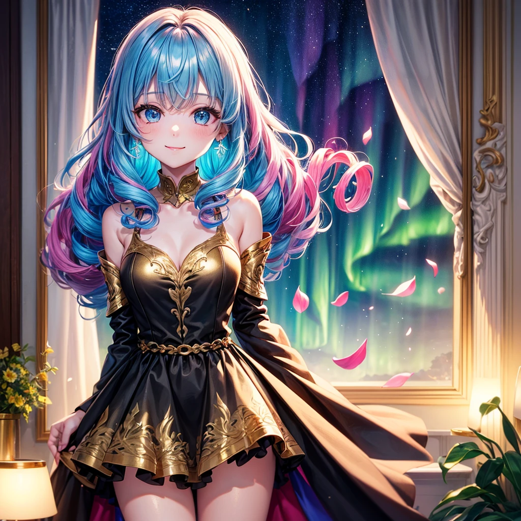 1 girl, (Iridescent hair, Colorful hair, Half blue and half pink hair: 1.2), 17 years old, Blue_skyporn, holding a magic wand, Summer (season), flower petals_SUI_Liquid, Hooded black cloak, Red and black ripped dress, Skirt: 1.2, (gold long curly hair: 1.5), skyporn, plein air, Clouds, Bangs, Smile, sky-blue eyes, Bare shoulders, Perfect hands, Hand Details, Repaired finger. earrings, Sea + Background, up looking_で_viewer, Cowboy Shot, of the highest quality, rich detail, Perfect image quality, Sunrise,Highest Quality, excellent details, 超A high resolution, (fidelity: 1.4), The best illustrations, favor details, Highly condensed 1girl, with a delicate and beautiful face, Delicate collarbones, High Quality Fishtail Skirt, Shyness