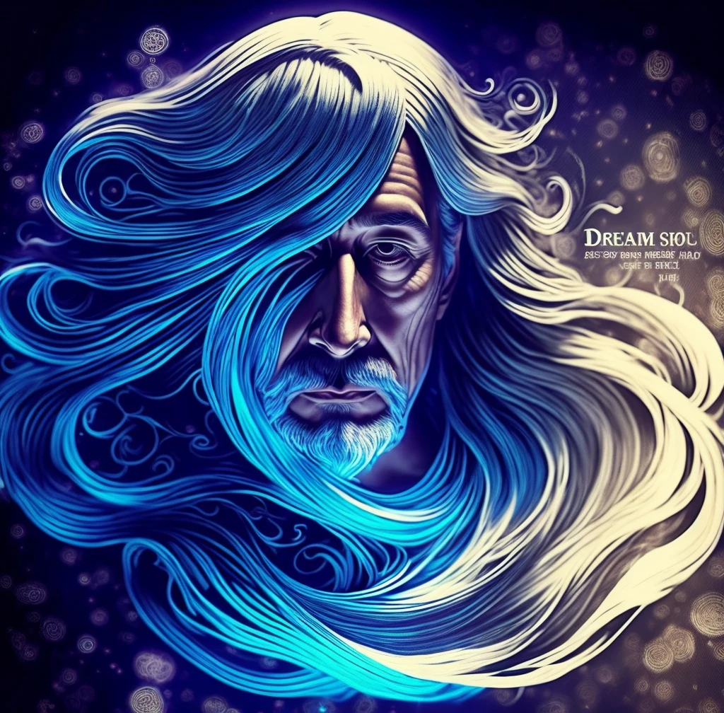 long hair flowing,Back Shadow,Old man,The background text "Dream" scene is illusory