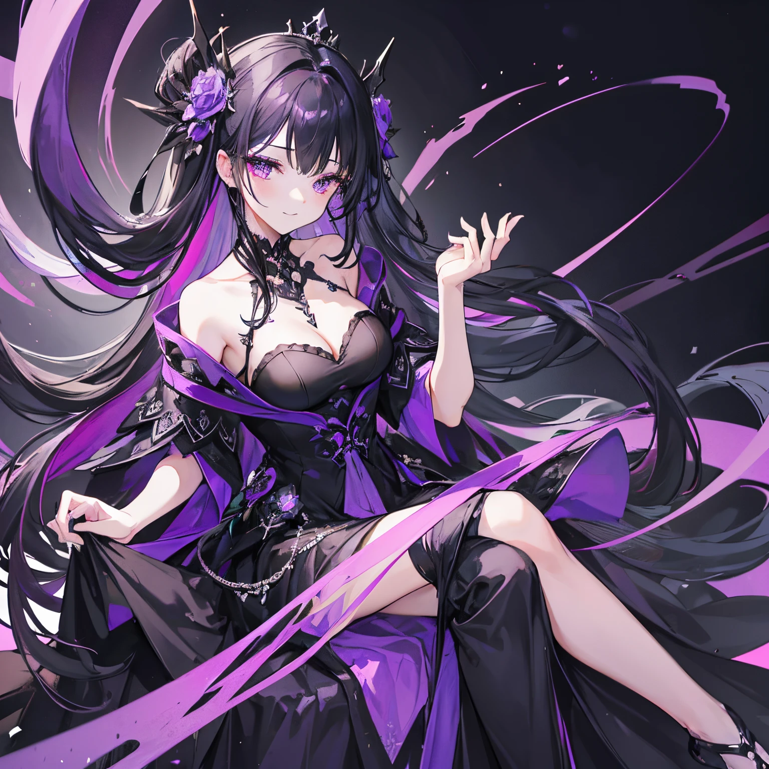 Beautiful and elegant girl,Black Purple Hair,Wearing long hair,Wearing a black crown,Charming deep purple eyes,black long dress,ssmile,holding black bouquet,k hd,Gray-purple background,wanting,ellegance,high qulity