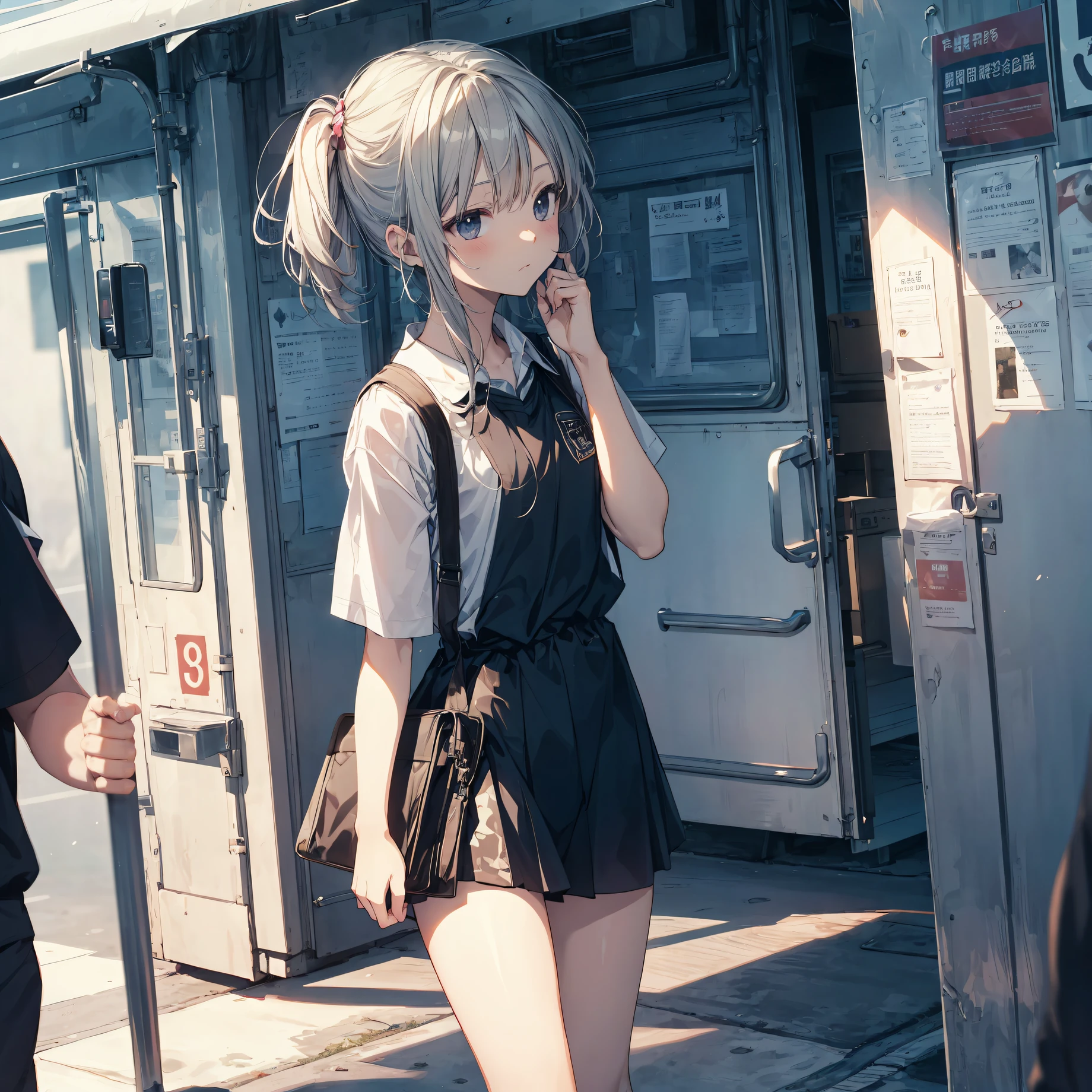 divine quality, anime moe art style,Best Anime 8K Konachan Wallpapers,Badass Anime 8K,Perfect Anatomy, (Draw a girl sleepily walking to school. ),BREAK, 1girl in, (Solo,Lori,child,13years:1.3),a junior high school student, Androgynous attraction, (Very short hair),hair messy, Full limbs, complete fingers,flat chest, Small butt, groin, Small eyes,Precise black eyes,disgusted eye, School uniform, On the way to school. BREAK,Ultra-detailed,High resolution,super detailed skin, Professional Lighting,8k eye details, (cool illustration:1.2),