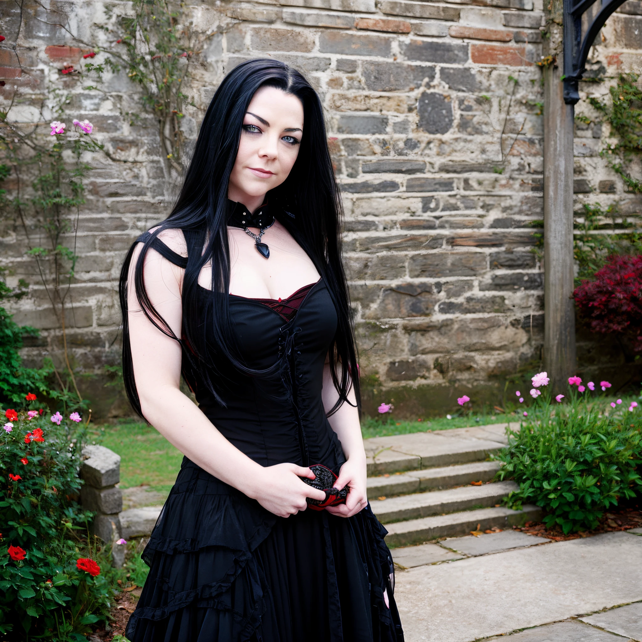 Amy Lee wearing a red/black Gothic Dress, outside at the castle courtyard