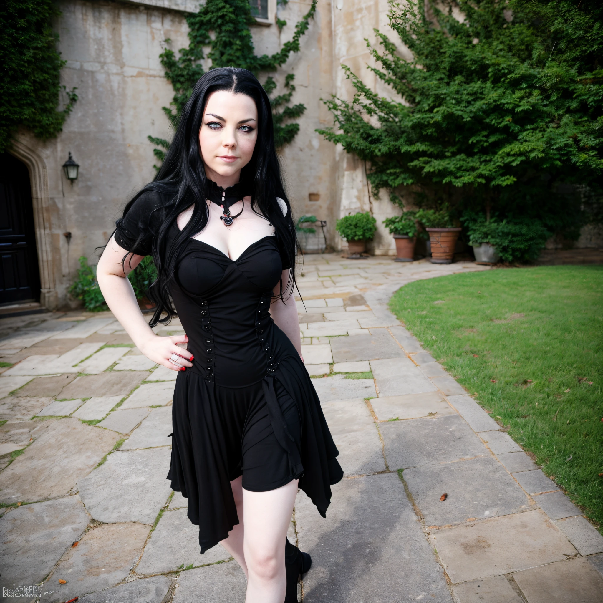 Amy Lee wearing a red/black Gothic Dress, outside at the castle courtyard