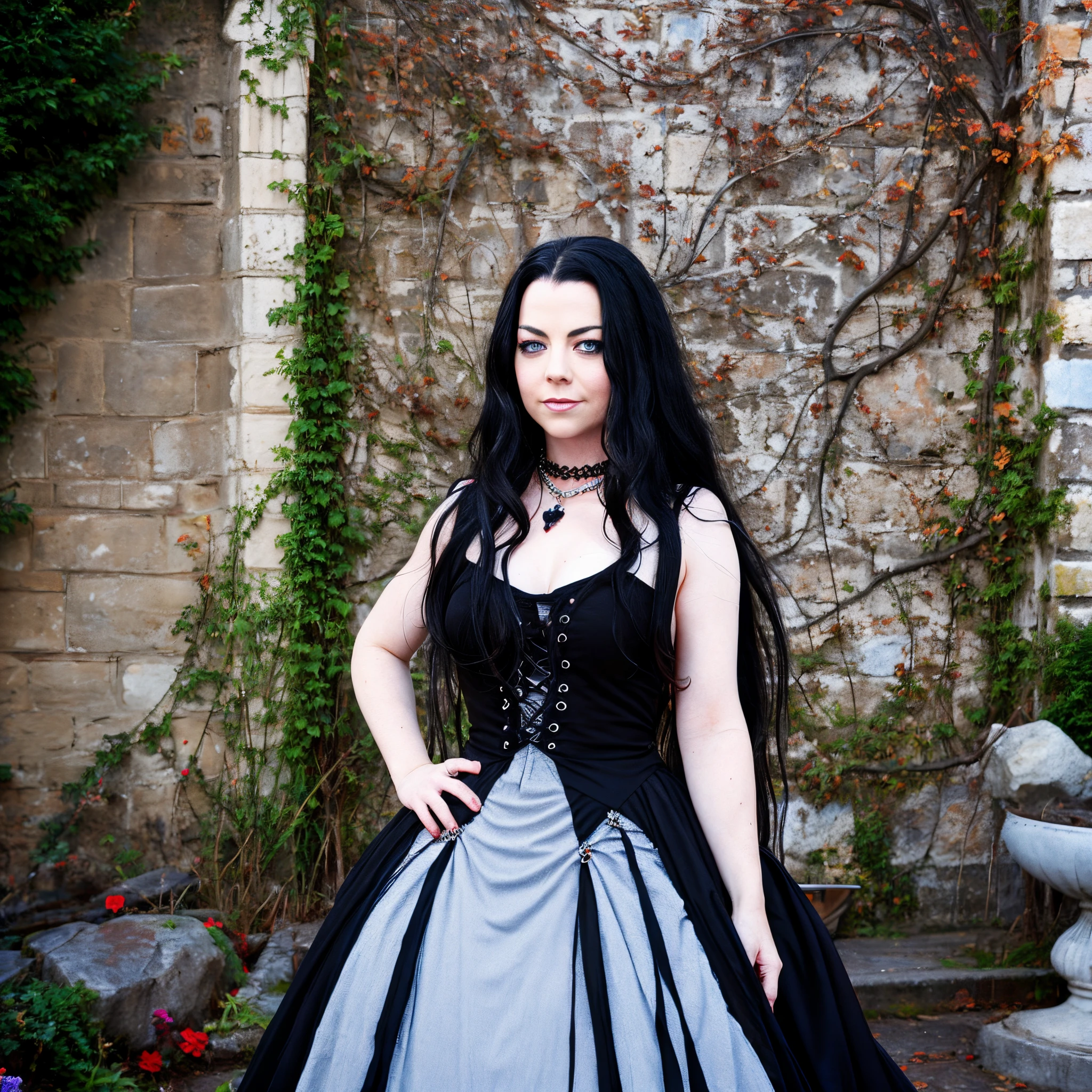 Amy Lee wearing a red/black Gothic Dress, outside at the castle courtyard