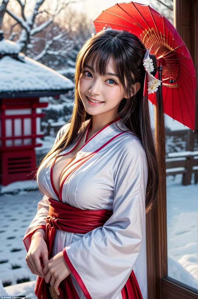 (masutepiece:1.3, Photorealsitic:1.4, 8K), top-quality, masterpiece, 超A high resolution, Perfect dynamic composition, Highly detailed skin and facial texture:1.3, A detailed eye, Detailed limbs, Night precincts in snowy country:1.2, 1girl in, Cute sexy 22 year old slim woman, Fair skin, ((Natural smile:0.9, Totally captivates you:1.0)), ((accurate shrine maiden costume)), ((voluptuous breasts:0.9)), (Facing the front, randome pose), (Beautiful blue eyes, Eyes that feel beautiful eros:0.85), Sexy face:0.4, (A mouthfeel that feels beautiful eros:0.85), ((Too cute beauty:0.9))