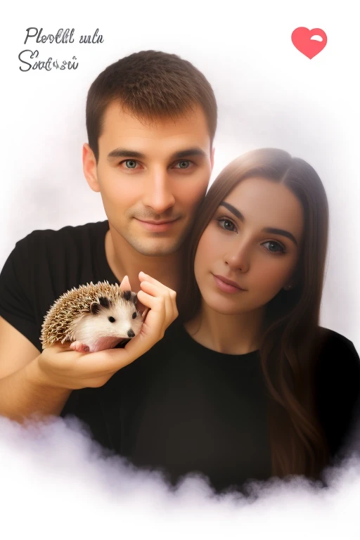 man and woman holding a hedgehog in their hands , girl with beautiful long hair , man in a black T-shirt girl in a black sweatshirt , couple portrait, High Quality Portrait, realistic studio portrait, realistic portrait photo, Potrait Studio, by Maksimilijan Vanka, detailed portrait, realistic picture, Photohope, couple portrait, photoshopped, color studio portrait, ultra realistic picture, Portrait of a hedgehog-astronaut