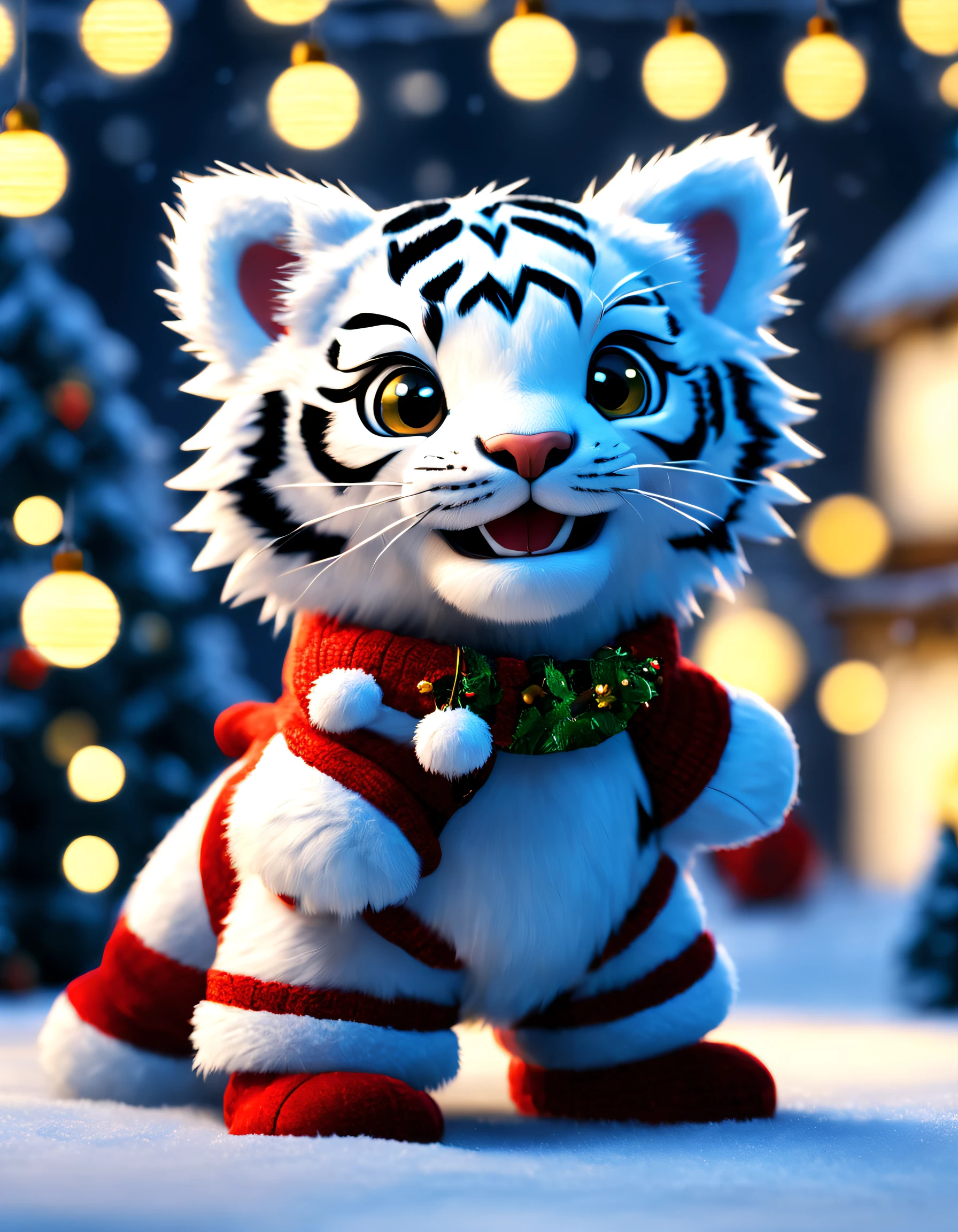 character  design，（Little white tiger dances at fashion week）, Wearing Christmas winter clothes，Laughing emoticon pack， Background with:christmas {{tmasterpiece}}, {{{Best quality}}}, {{ultra - detailed}}, photography of,pixar-style,cartoonish style,comic strip,tmasterpiece,lamplight,illusory engine,Rendered by Octane,Corona introduction,V-rays,tiltshift,,shot from far away,a 3D render,