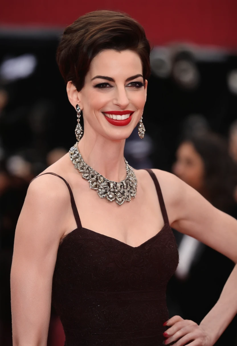 A photo of Anne Hathaway immersing herself in a traditional African dance workshop,original,She stands approximately 5'8" tall and has a slim physique. She is known for her large, expressive brown eyes and a radiant smile featuring prominent, well-aligned teeth.

Hathaway has a fair complexion and, often, sports dark brown hair, although she has showcased various hair colors and styles through different roles in films, such as short-cropped hair for "Les Misérables" and longer, wavy styles for movies like "The Devil Wears Prada."

Her sense of style is often sophisticated and chic, reflecting in her choices for red carpet appearances. She is frequently lauded for her fashion choices which range from modern, edgy ensembles to more classic, timeless pieces., female