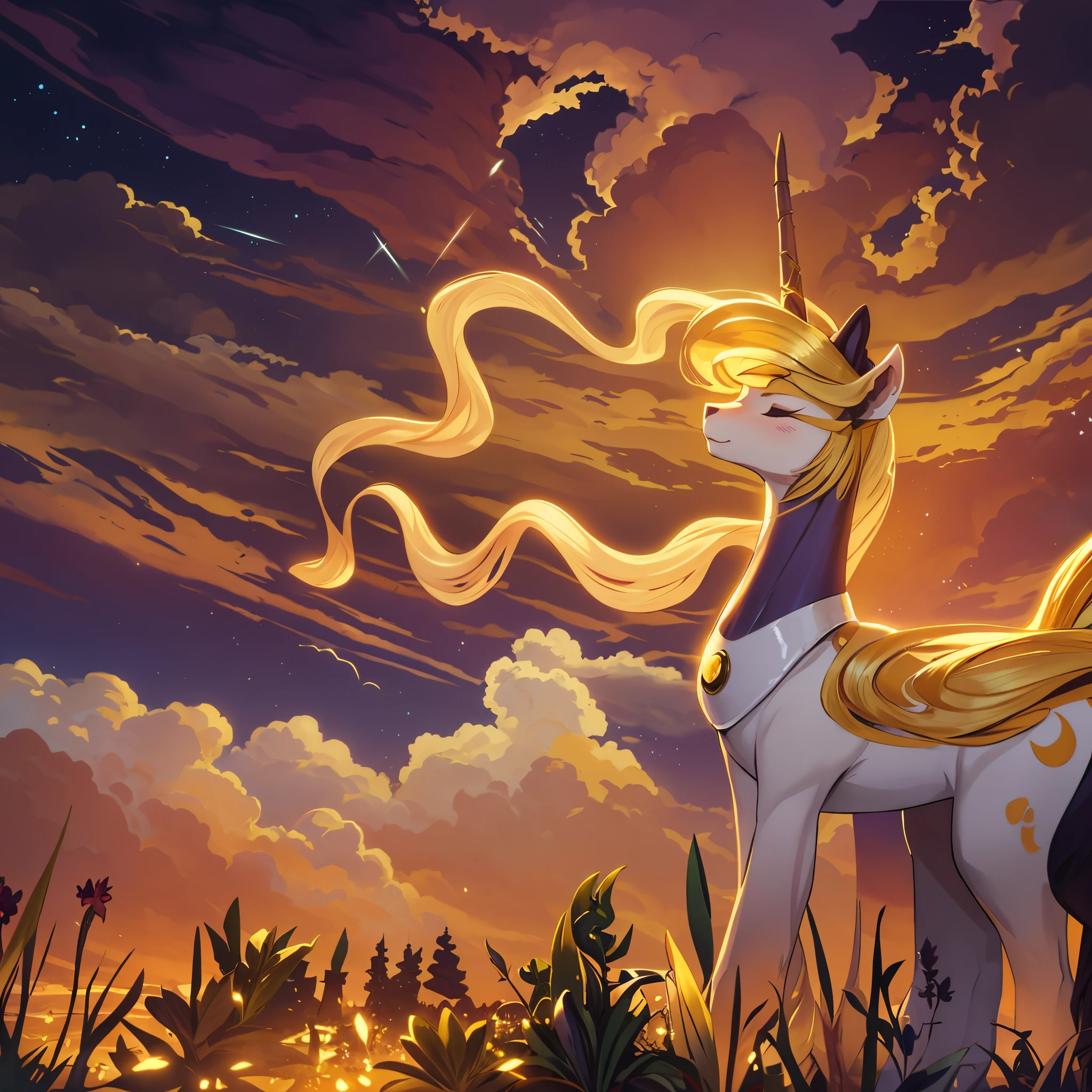 Princess Luna enjoying sunset and wind, field, closed eyes, distant gaze, pony, side view, peaceful, serene, elegant, beautiful, magical colors, flowing mane, regal, graceful, celestial, ethereal lighting, twilight sky, soft golden light, gentle breeze, flowing dress, tranquil atmosphere, subtle shadows, dreamlike, surreal, harmony of nature and magic, mystical aura, tranquil and calm, magical kingdom, fairy tale setting, tranquil scenery, enchanting landscape, anatomically correct, swirling galaxy mane