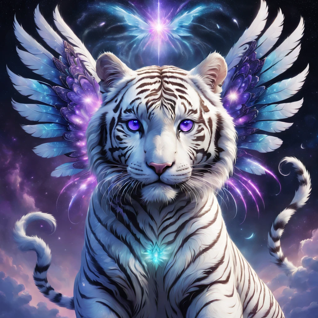 Fantasy hybrid creatures, White tiger, Symmetrical wings, Starcloud, Sparkly Colors, purple and blue colored, The is very detailed, beautiful light up, Ethereal, mistic, 8K, vivd colour, nice backlight