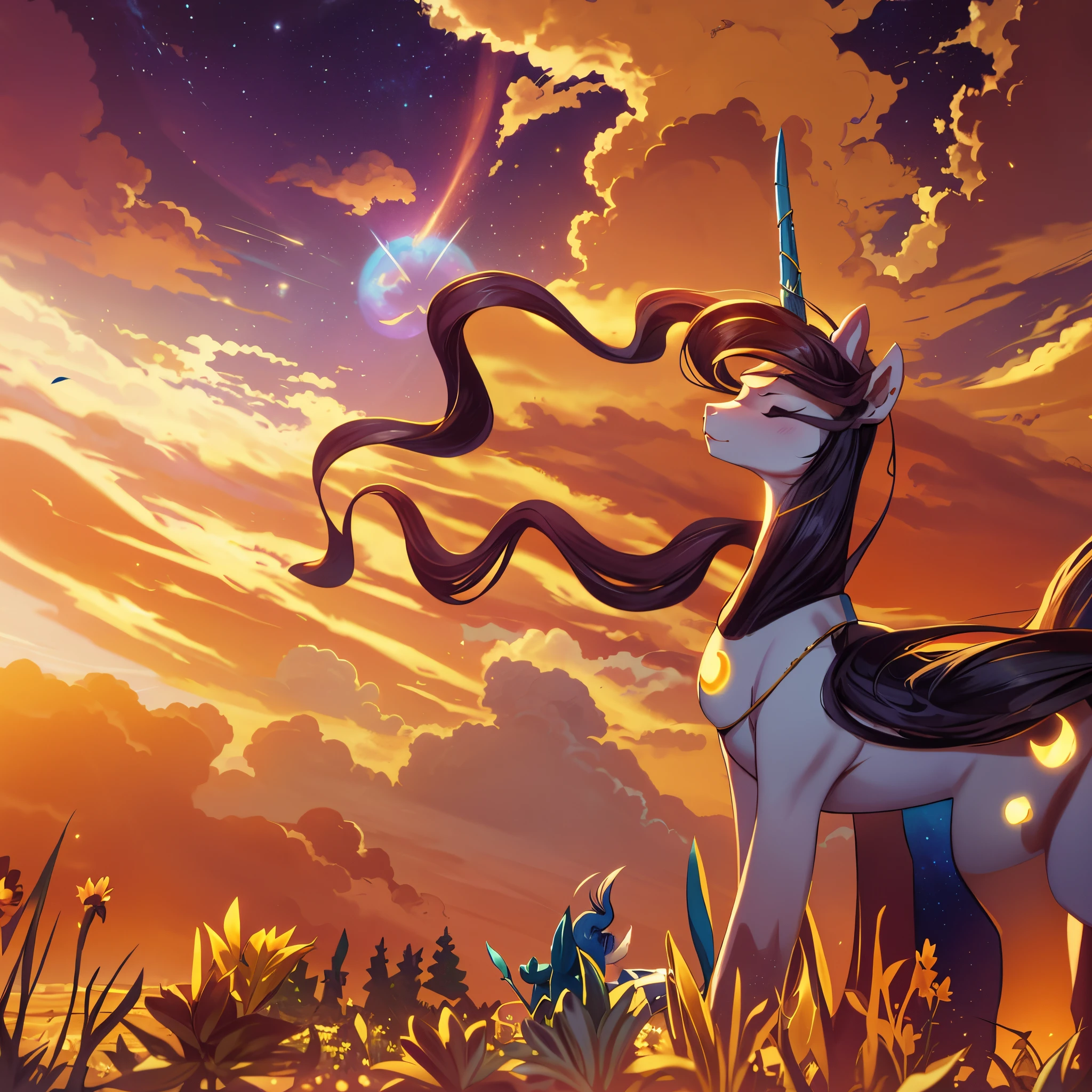 Princess Luna enjoying sunset and wind, field, closed eyes, distant gaze, pony, side view, peaceful, serene, elegant, beautiful, magical colors, flowing mane, regal, graceful, celestial, ethereal lighting, twilight sky, soft golden light, gentle breeze, flowing dress, tranquil atmosphere, subtle shadows, dreamlike, surreal, harmony of nature and magic, mystical aura, tranquil and calm, magical kingdom, fairy tale setting, tranquil scenery, enchanting landscape, anatomically correct, swirling galaxy mane