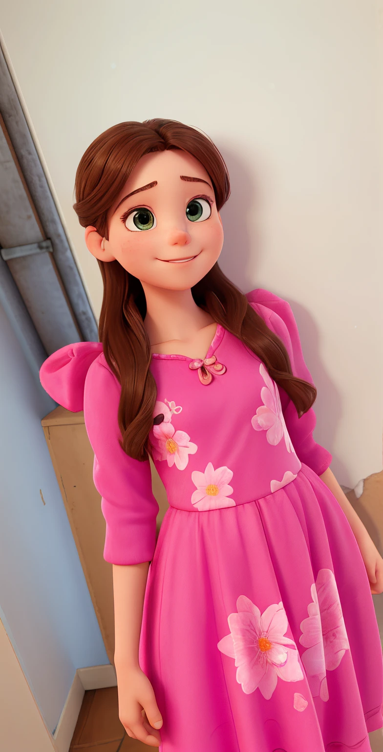there is a young girl standing in a pink dress in front of a wall, she is about 1 6 years old, with a beautifull smile, taken in 2022, around 1 9 years old, photo of the girl, profile pic, wearing pink floral gown, young girl, innocent smile, very beautiful girl