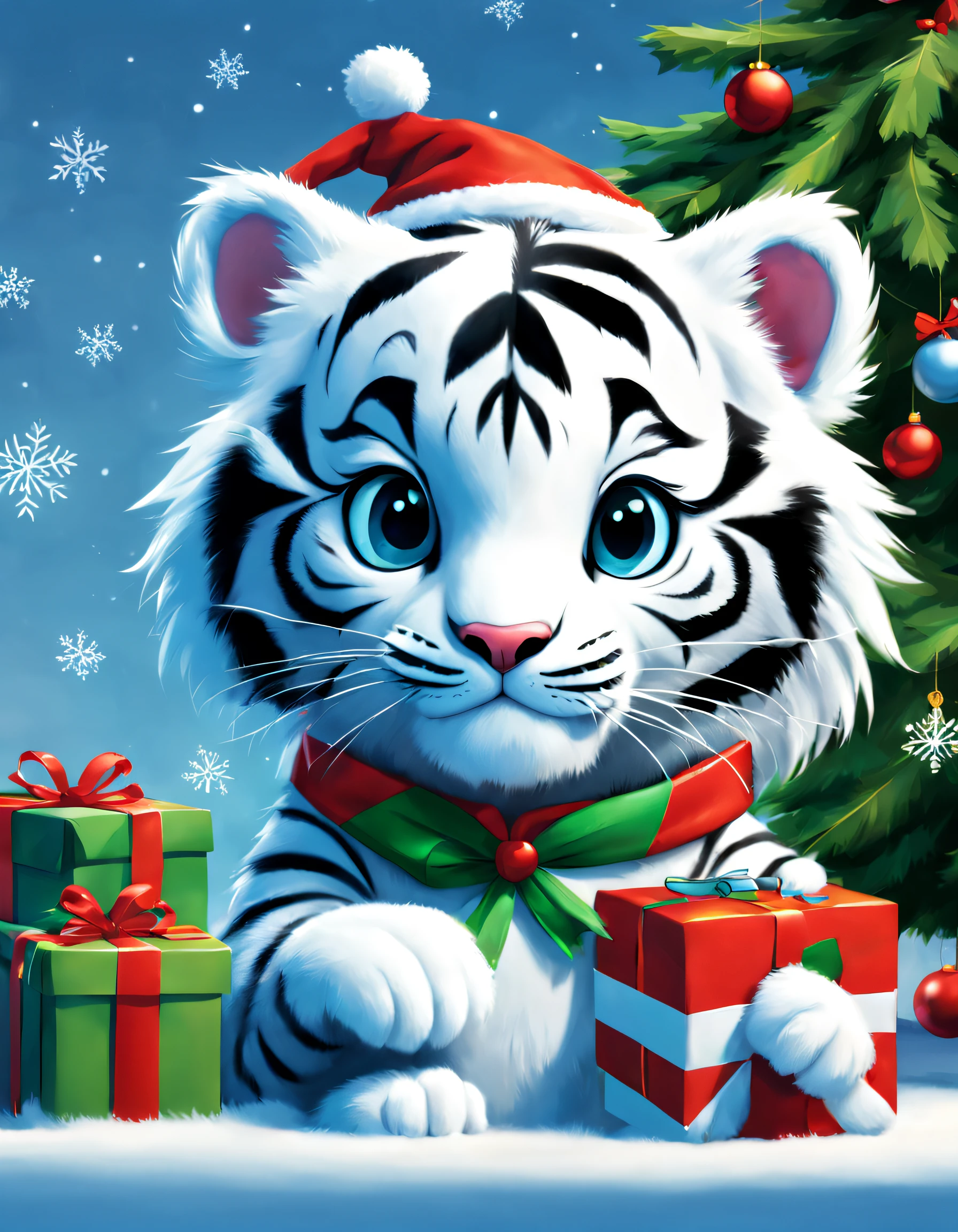 character design,Christmas poster,Brand poster design,Little white tiger learns computer,pixar-style