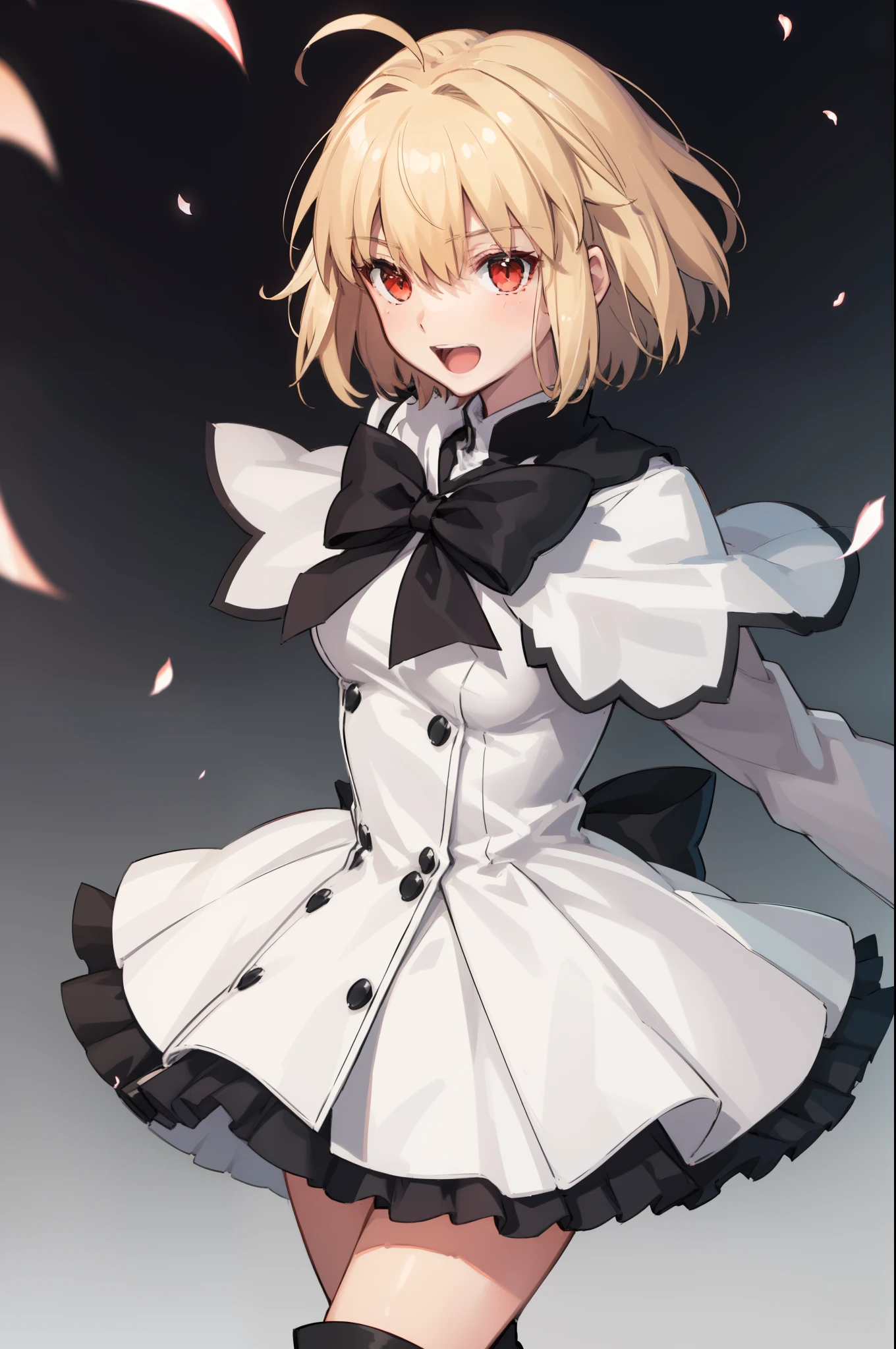 arcueid \(tsukihime\), ((1girl:1.5)), ((solo:1.5)),arms behind back, black bowtie, blush, buttons, white fur capelet, dress, fur trim, looking at viewer, open mouth, smile, solo, vampire, white dress, bokeh, long sleeves, :d, blurry, blurry background, boots, thigh boots, arcueid \(coat\), accurate fingers, loish hands, extreme hand detail, normal hand, accurate hand, 2thumbs, ,